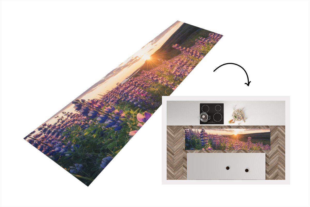 KitchenYeah Keukenloper - Loper keuken - Lupine - Zon - Paars - 200x50 cm - Keukenloper vinyl Multicolor