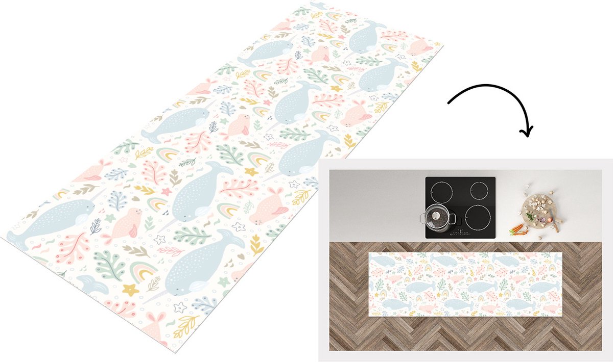KitchenYeah Keukenloper - Loper keuken - Narwal - Zeehond - Regenboog - Dieren - Keukenloper vinyl multicolor, foto 4