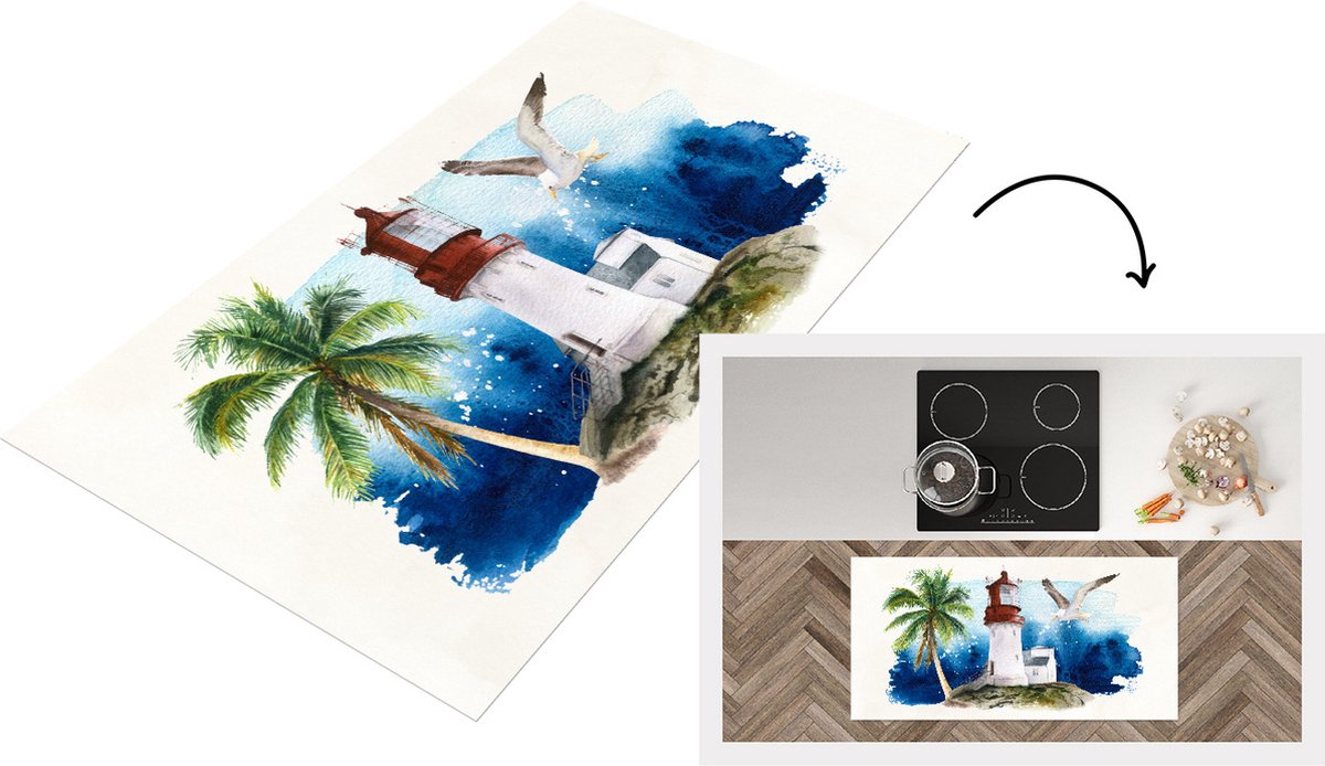 KitchenYeah Keukenloper - Loper keuken - Vuurtoren - Palmboom - Vogel - 120x60 cm - Keukenloper vinyl Multicolor