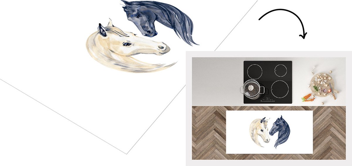 KitchenYeah Keukenloper - Loper keuken - Paarden - Waterverf - Blauw - 120x60 cm - Keukenloper vinyl Multicolor