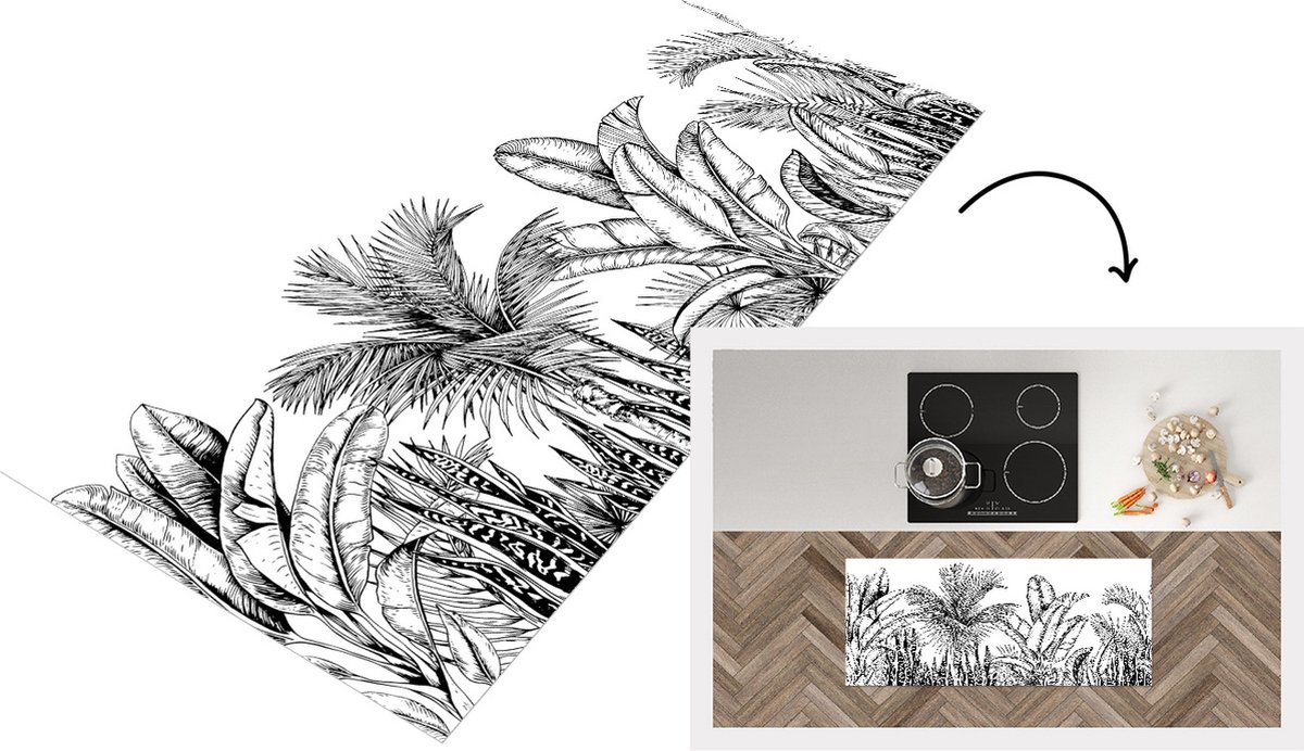 KitchenYeah Keukenloper - Loper keuken - Bladeren - Illustratie - Zwart - Wit - 120x50 cm - Keukenloper vinyl Multicolor
