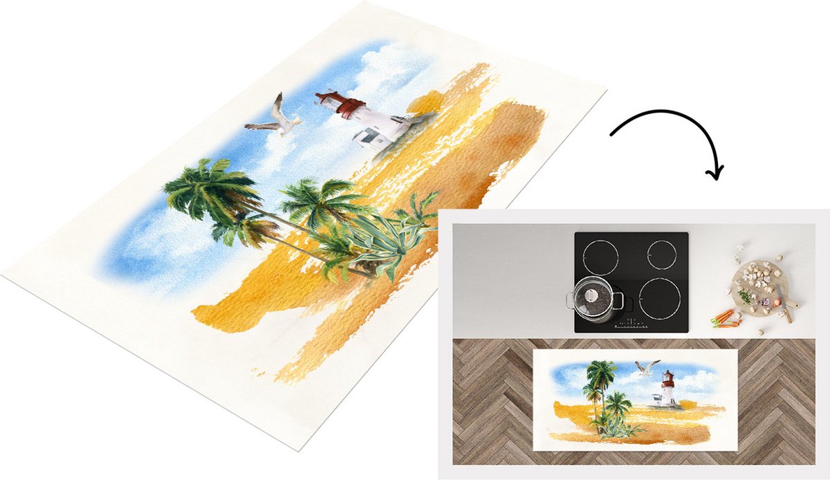KitchenYeah Keukenloper - Loper keuken - Vuurtoren - Palm - Vogel - Strand - 120x60 cm - Keukenloper vinyl Multicolor