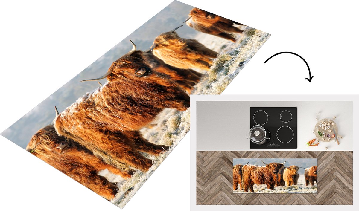 KitchenYeah Keukenloper - Loper keuken - Schotse Hooglanders - Sneeuw - Bos - 120x50 cm - Keukenloper vinyl Multicolor