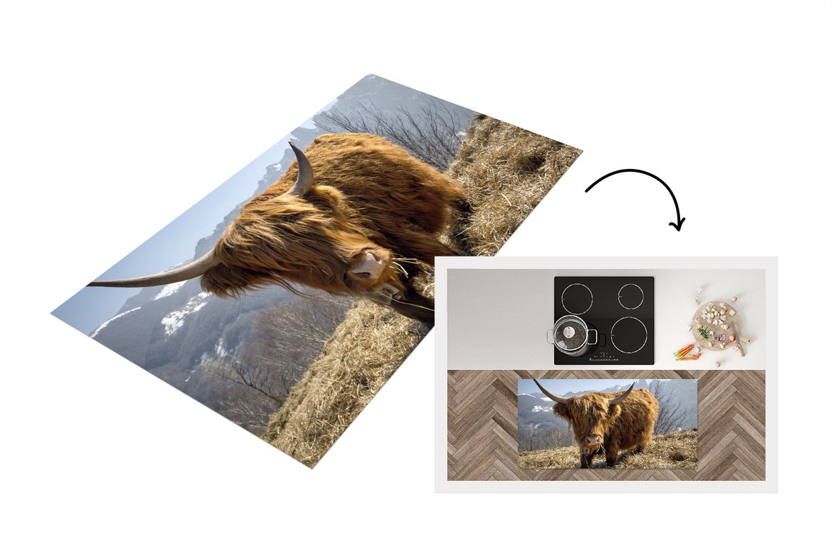 KitchenYeah Keukenloper - Loper keuken - Schotse Hooglander - Berg - Sneeuw - 120x60 cm - Keukenloper vinyl Multicolor