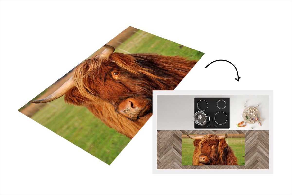 KitchenYeah Keukenloper - Loper keuken - Schotse Hooglander - Gras - Boom - 120x60 cm - Keukenloper vinyl Multicolor