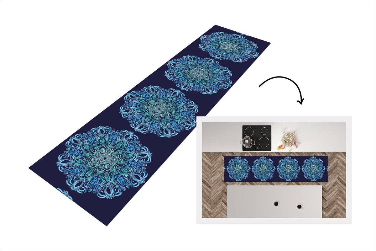 KitchenYeah Keukenloper - Loper keuken - Mandala - Blauw - Patronen - 200x50 cm - Keukenloper vinyl