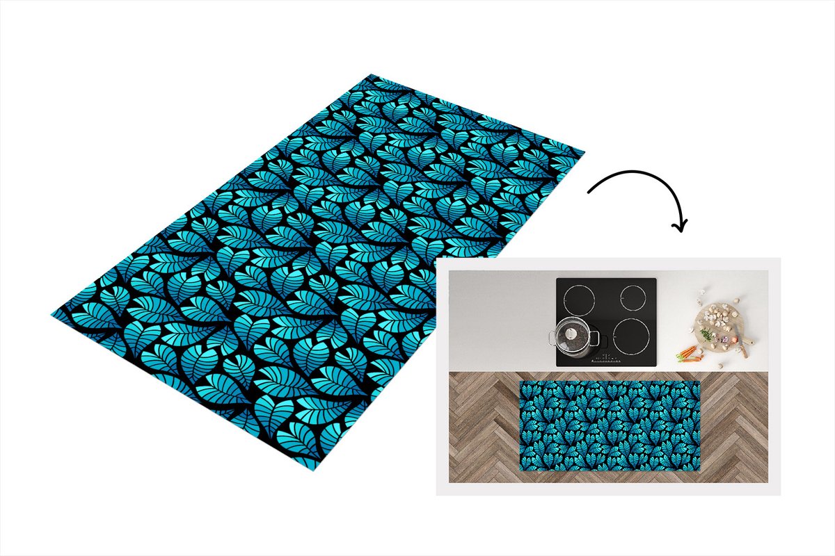 KitchenYeah Keukenloper - Loper keuken - Jungle - Blauw - Blad - Planten - Patroon - 120x60 cm - Keukenloper vinyl Multicolor