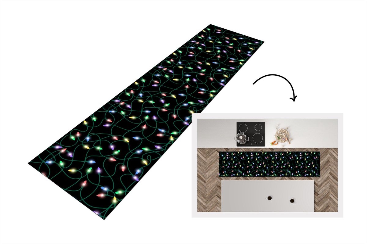 KitchenYeah Keukenloper - Loper keuken - Lichtsnoer - Kerstmis - Pastel - Patronen - 200x50 cm - Keukenloper vinyl Multicolor