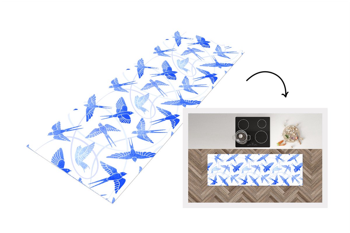 KitchenYeah Keukenloper - Loper keuken - Patroon - Blauw - Vogel - Keukenloper vinyl, foto 4