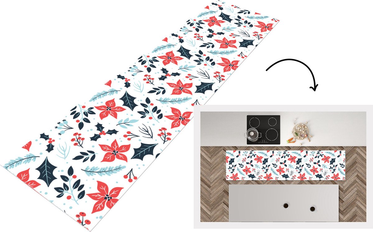 KitchenYeah Keukenloper - Loper keuken - Winter - Bloemen - Kerst - Patronen - 200x50 cm - Keukenloper vinyl Multicolor