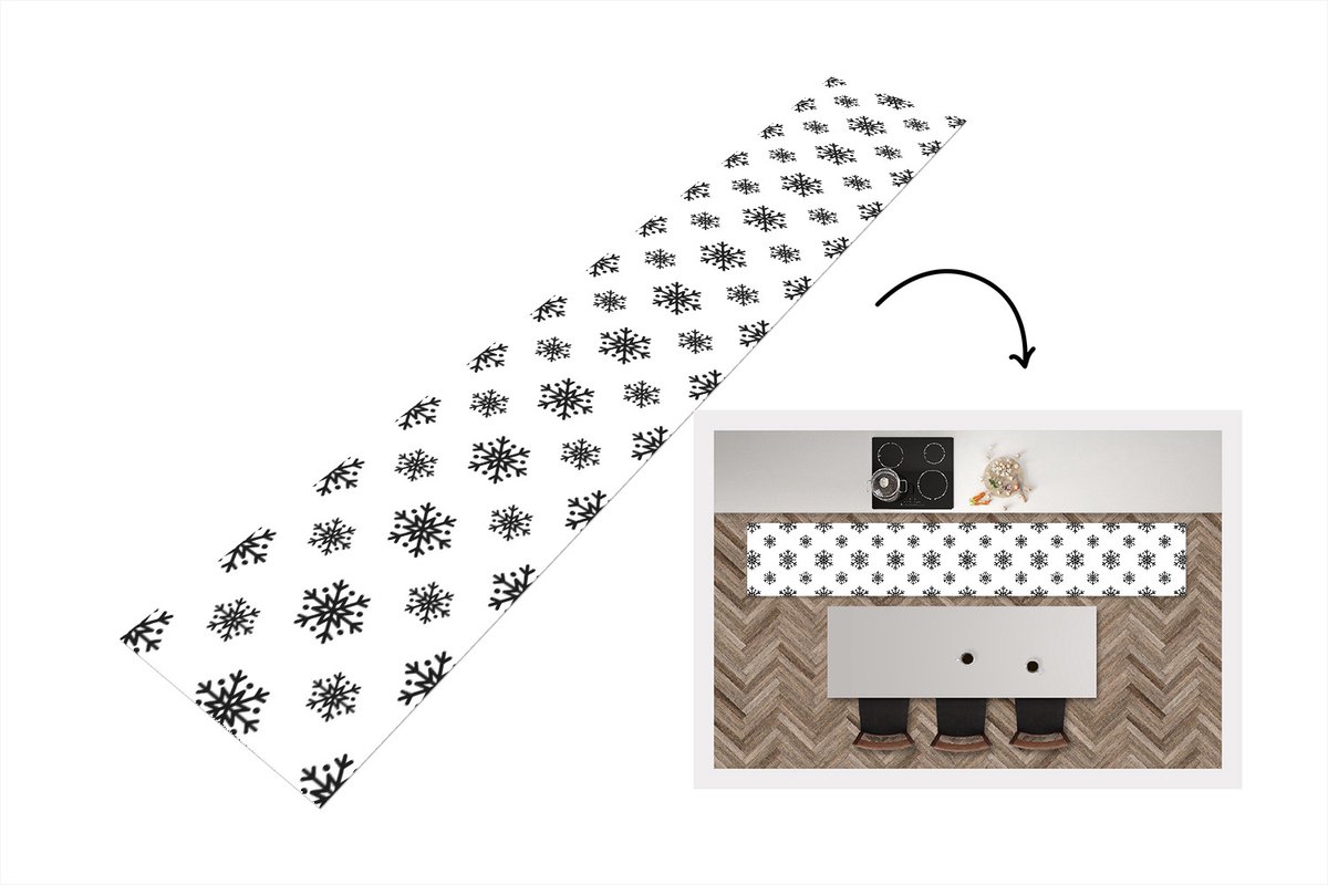 KitchenYeah Keukenloper - Loper keuken - Sneeuwvlok - Winter - Zwart - Wit - Patronen - 300x50 cm - Keukenloper vinyl Multicolor