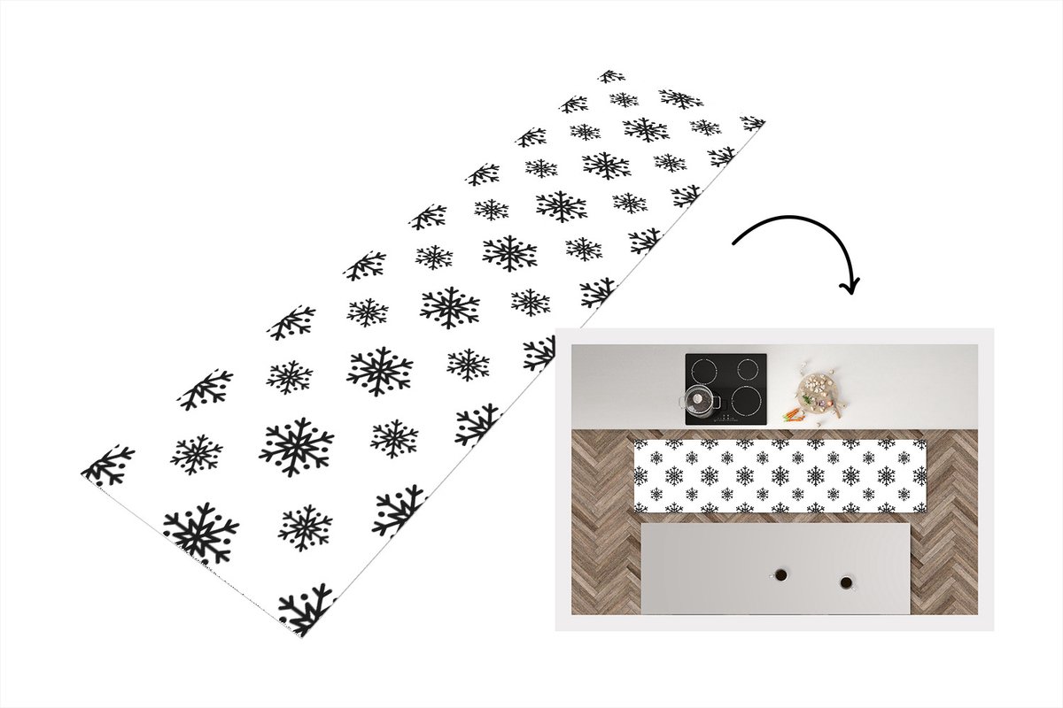 KitchenYeah Keukenloper - Loper keuken - Sneeuwvlok - Winter - Zwart - Wit - Patronen - 200x50 cm - Keukenloper vinyl Multicolor