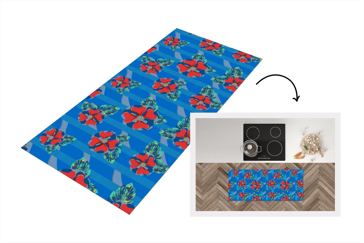 KitchenYeah Keukenloper - Loper keuken - Hibiscus - Hawaii - Rood - Patroon - Bloem - 120x50 cm - Keukenloper vinyl Multicolor