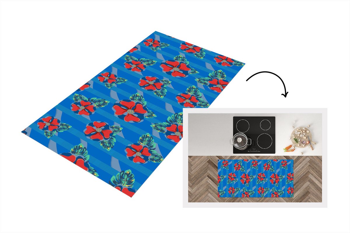 KitchenYeah Keukenloper - Loper keuken - Hibiscus - Hawaii - Rood - Patroon - Bloem - 120x60 cm - Keukenloper vinyl Multicolor