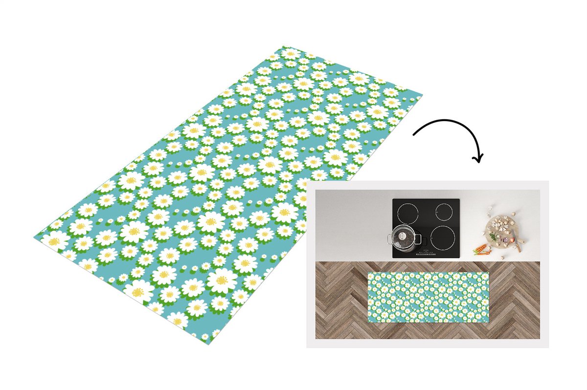 KitchenYeah Keukenloper - Loper keuken - Bloemen - Patroon - Madelief - 120x50 cm - Keukenloper vinyl Multicolor