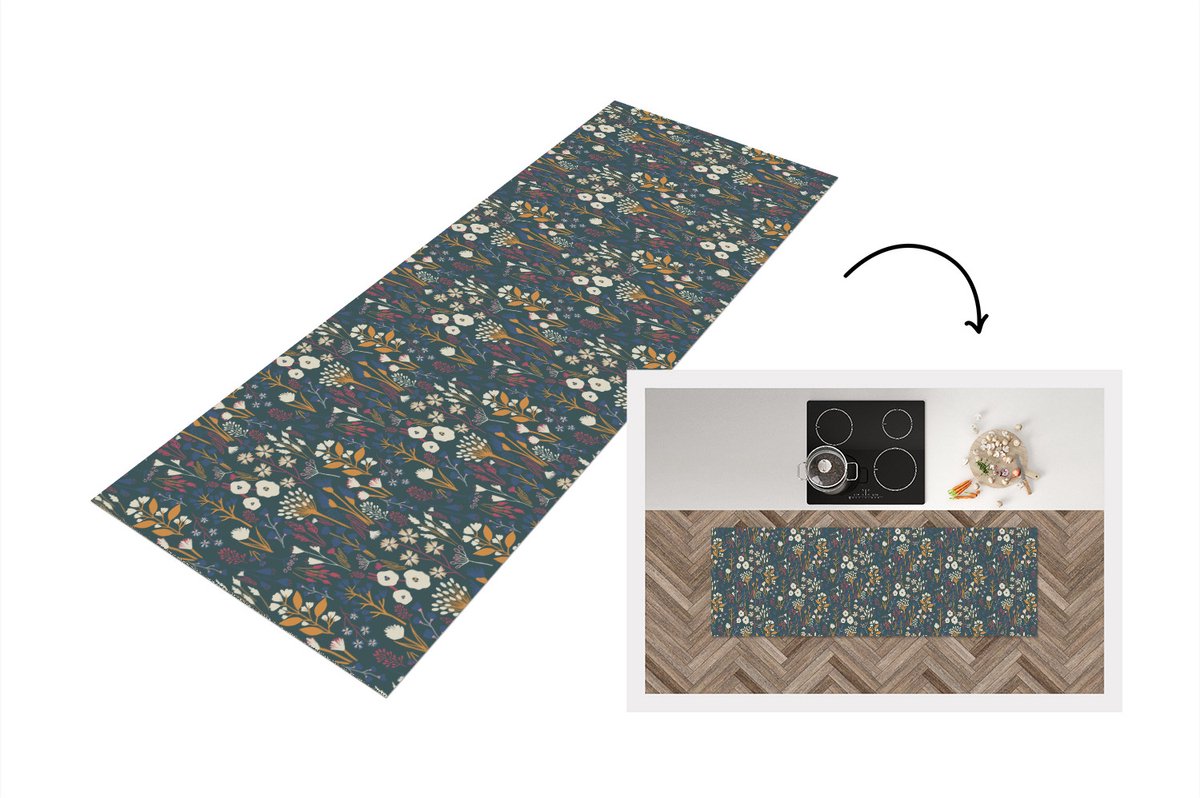 KitchenYeah Keukenloper - Loper keuken - Patronen - Bloemen - Flora - 150x50 cm - Keukenloper vinyl Multicolor