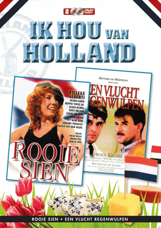 DVD hoes met titel 'Ik Hou Van Holland'. Twee films: 'Rooie Sien' met actrice en tulpen, en 'Een Vlucht Regenwulpen' met twee mannen. Hollandse klompen en kaas.