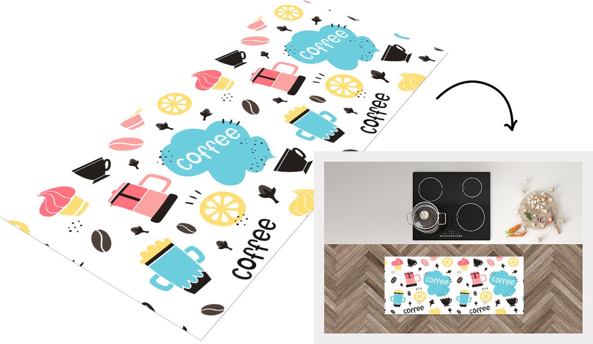 KitchenYeah Keukenloper - Loper keuken - Patronen - Koffiebonen - Koffie - IJs - 120x50 cm - Keukenloper vinyl Multicolor