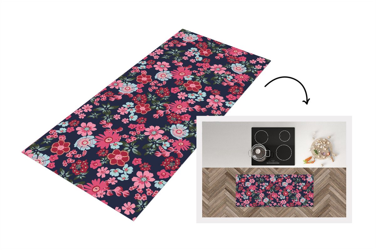 KitchenYeah Keukenloper - Loper keuken - Bloemen - Flora - Roze - Bloesem - Patronen - 120x50 cm - Keukenloper vinyl Multicolor