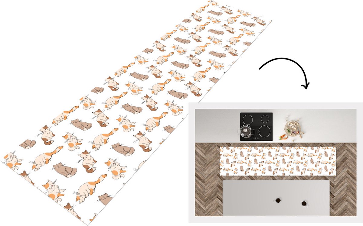 KitchenYeah Keukenloper - Loper keuken - Patroon - Kat - Kitten - 240x60 cm - Keukenloper vinyl Multicolor