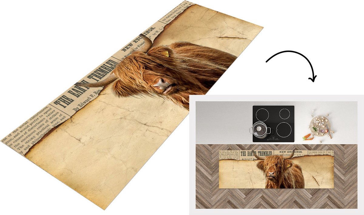 KitchenYeah Keukenloper - Loper keuken - Schotse hooglander - Vintage - Papyrus - Keukenloper vinyl Multicolor