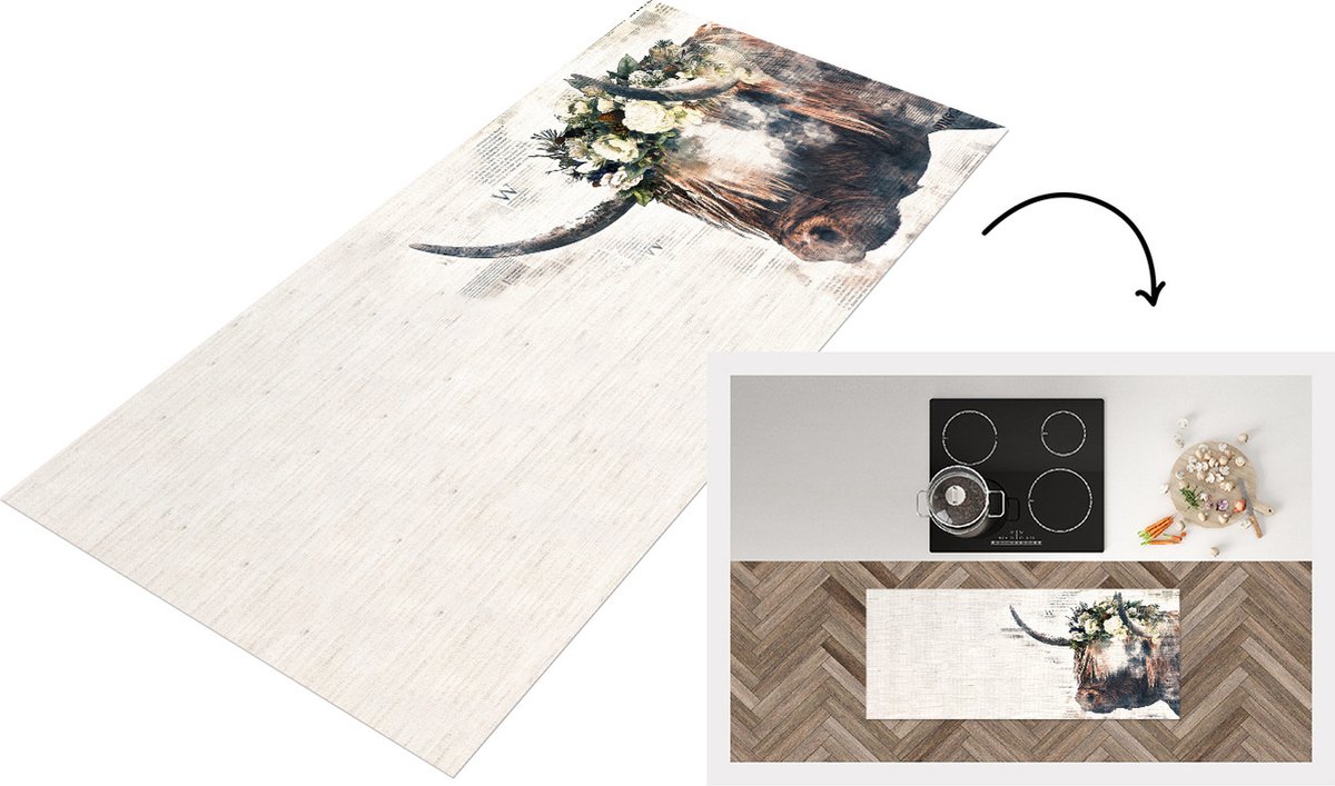 KitchenYeah Keukenloper - Loper keuken - Schotse hooglander - Rozen - Krantenpapier - Keukenloper vinyl Multicolor