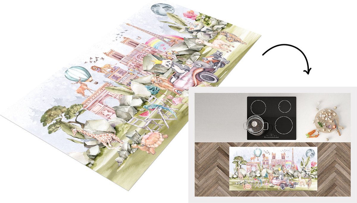 KitchenYeah Keukenloper - Loper keuken - Parijs - Kinderen - Eiffeltoren - 120x60 cm - Keukenloper vinyl Multicolor