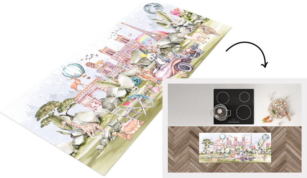 KitchenYeah Keukenloper - Loper keuken - Parijs - Kinderen - Eiffeltoren - 120x50 cm - Keukenloper vinyl Multicolor