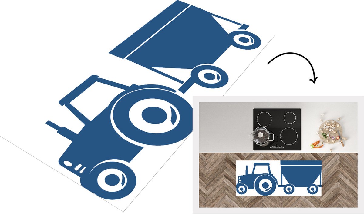 KitchenYeah Keukenloper - Loper keuken - Tractor - Aanhanger - Blauw - Keukenloper vinyl Multicolor