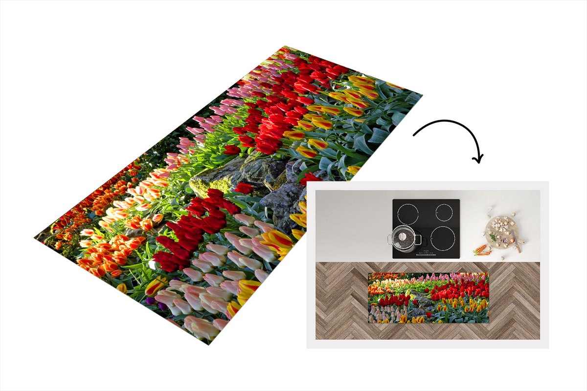 KitchenYeah Keukenloper - Loper keuken - Gekleurde tulpen in de Keukenhof in Nederland - 120x50 cm - Keukenloper vinyl Multicolor