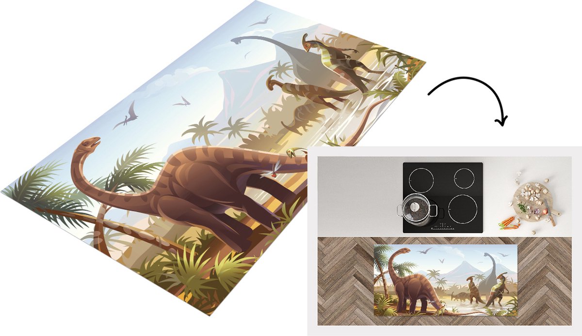 KitchenYeah Keukenloper - Loper keuken - Dinosaurus - Landschap - Tropisch - 120x60 cm - Keukenloper vinyl Multicolor