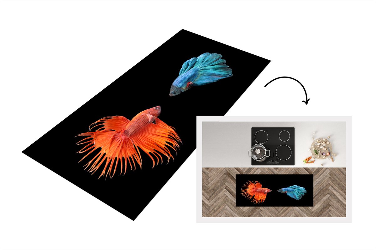 KitchenYeah Keukenloper - Loper keuken - Vis - Wilde dieren - Zwart - 120x50 cm - Keukenloper vinyl Multicolor