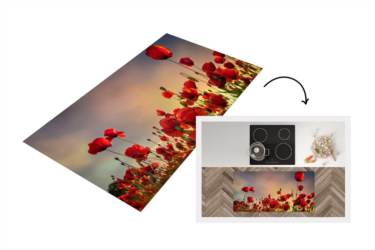 KitchenYeah Keukenloper - Loper keuken - Kleurrijke lucht boven een veld Klaprozen in Denemarken - 120x60 cm - Keukenloper vinyl Multicolor