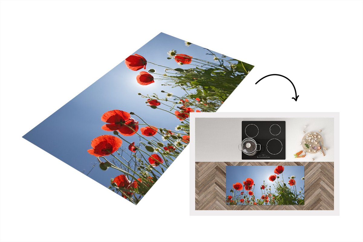 KitchenYeah Keukenloper - Loper keuken - Felle zon boven een aantal klaprozen in Spanje - 120x60 cm - Keukenloper vinyl Multicolor