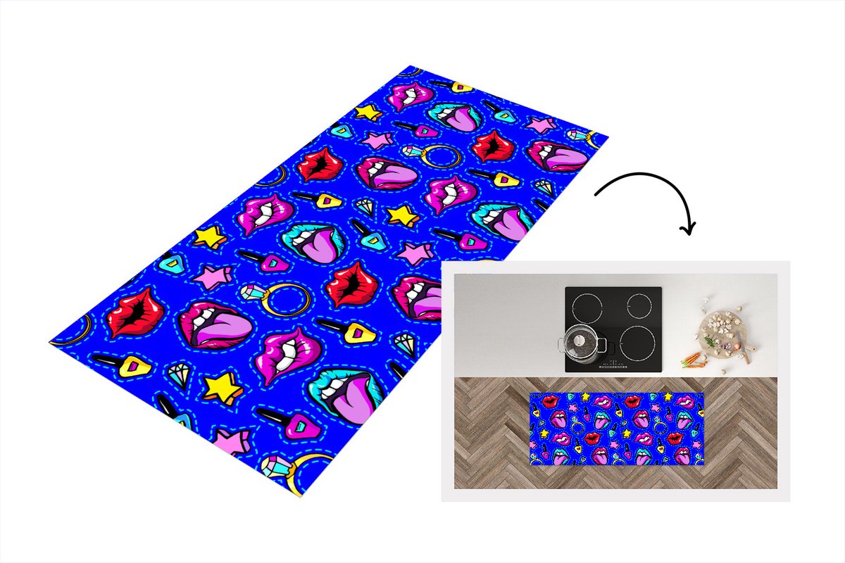 KitchenYeah Keukenloper - Loper keuken - Patroon - Popart - Neon - Blauw - Keukenloper vinyl Multicolor