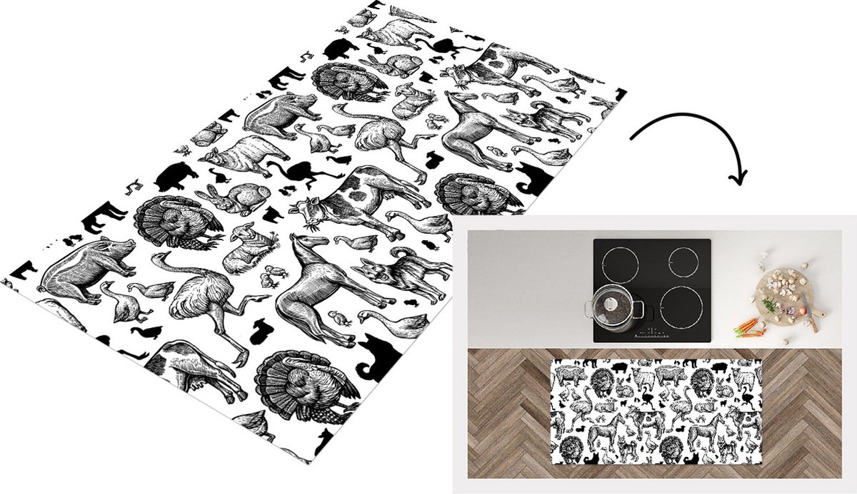 KitchenYeah Keukenloper - Loper keuken - Patroon - Dieren - Zwart Wit - 120x60 cm - Keukenloper vinyl Zwart; Wit