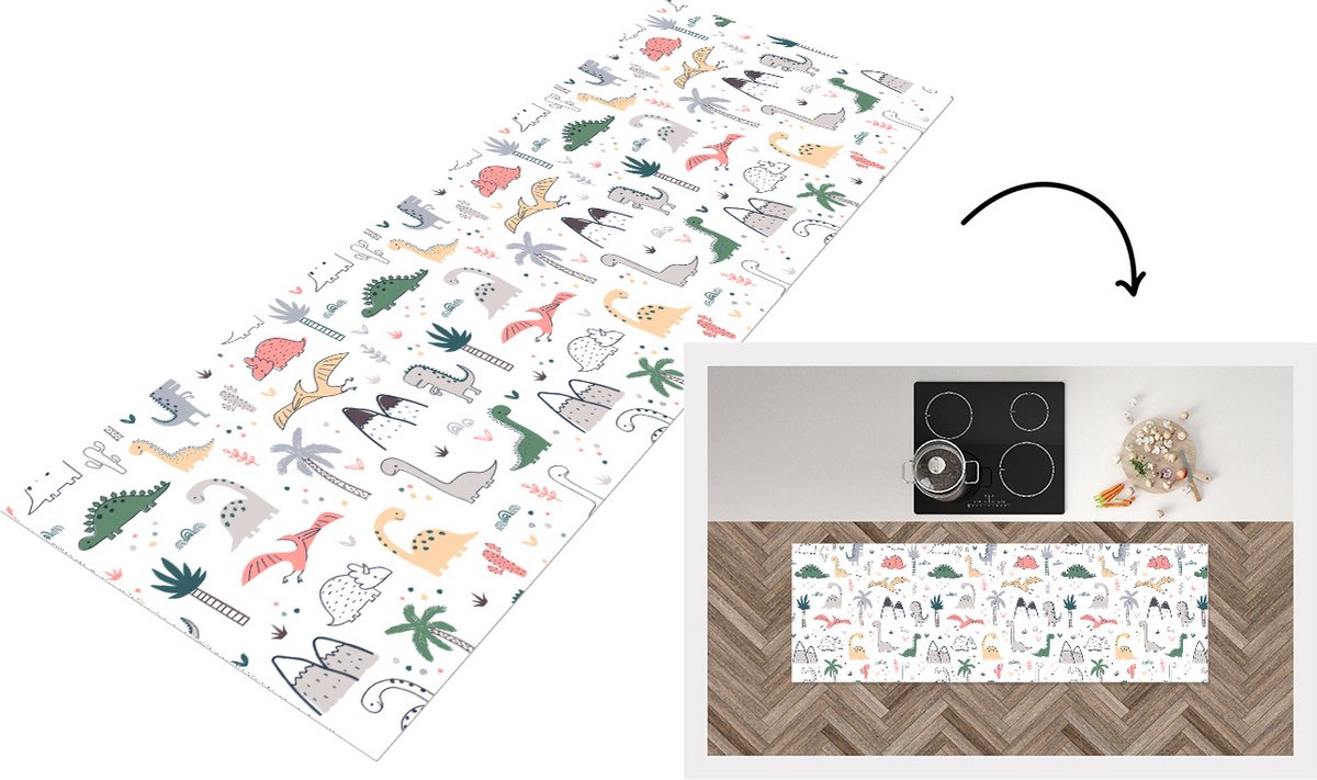 KitchenYeah Keukenloper - Loper keuken - Patronen - Dino - Boom - 150x50 cm - Keukenloper vinyl Multicolor