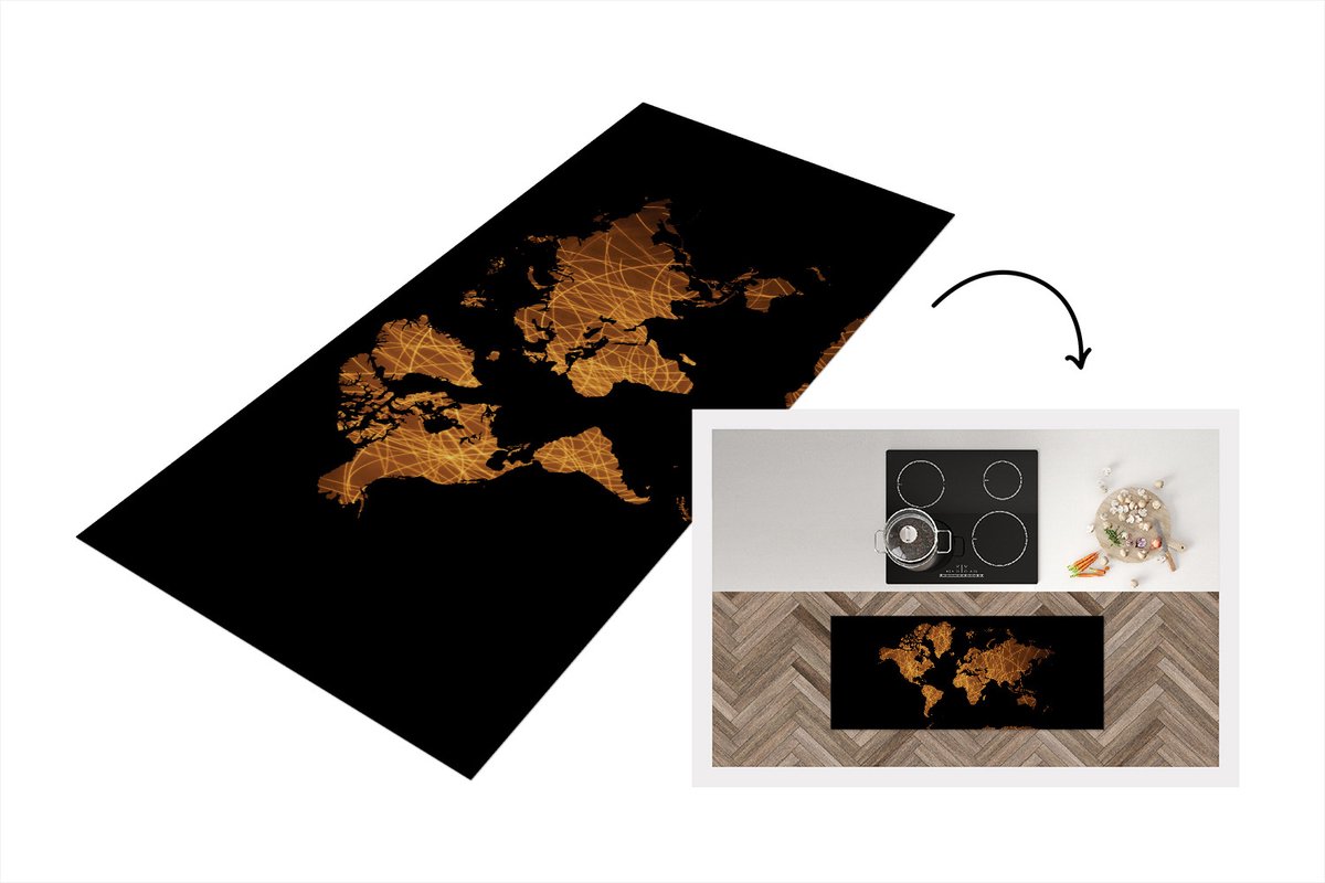 KitchenYeah Keukenloper - Loper keuken - Wereldkaart - Goud - Patroon - 120x50 cm - Keukenloper vinyl Multicolor