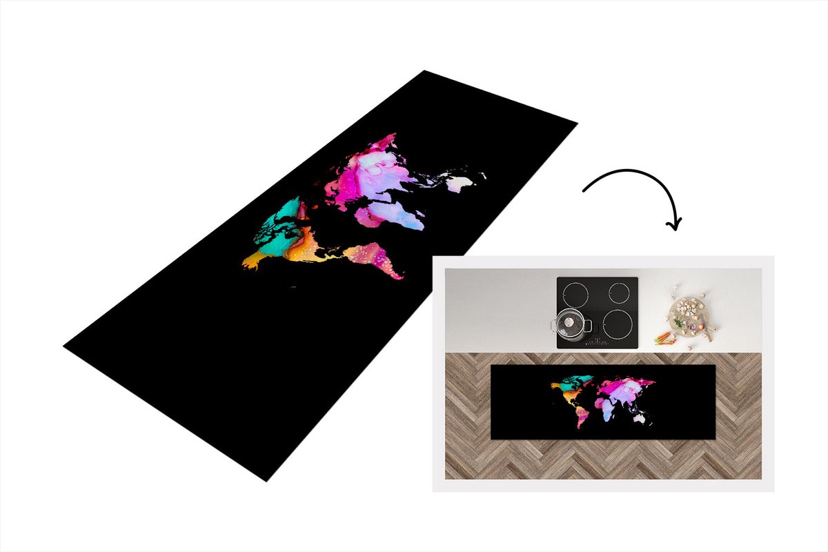 KitchenYeah Keukenloper - Loper keuken - Wereldkaart - Regenboog - Aquarelverf - 150x50 cm - Keukenloper vinyl Multicolor