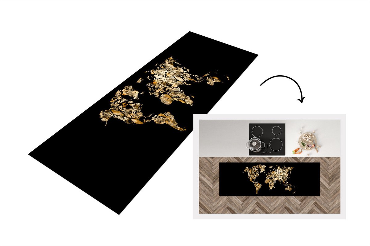 KitchenYeah Keukenloper - Loper keuken - Wereldkaart - Slangenprint - Zwart - 180x60 cm - Keukenloper vinyl Multicolor