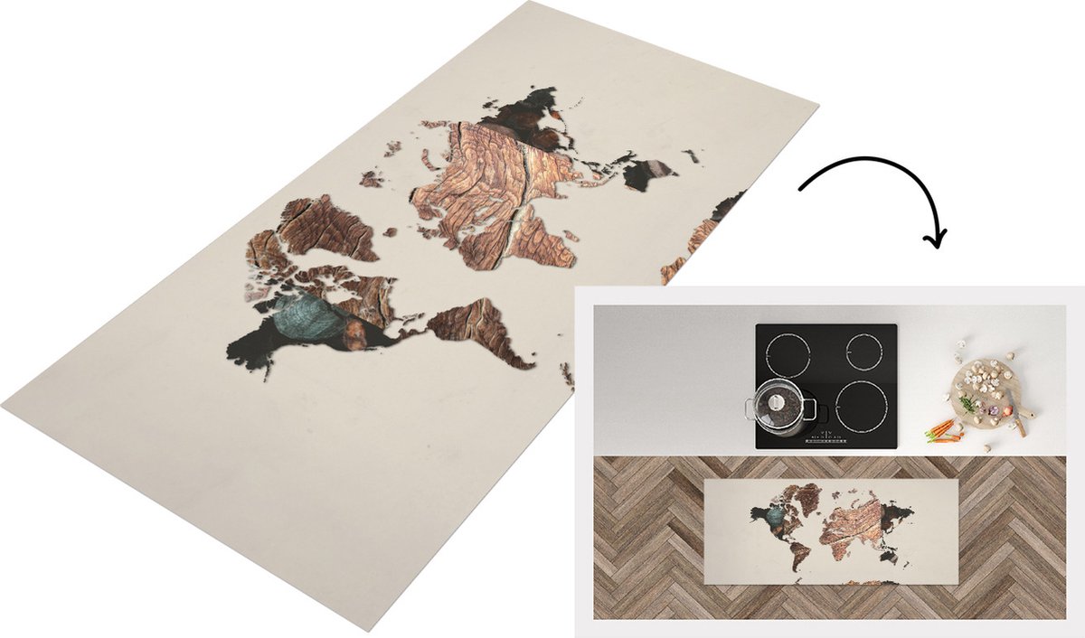 KitchenYeah Keukenloper - Loper keuken - Wereldkaart - Boom - Hout - 120x50 cm - Keukenloper vinyl Multicolor