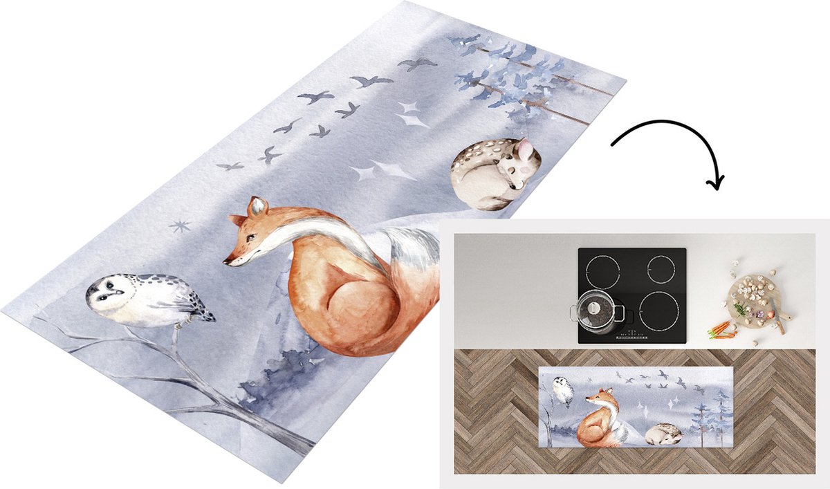 KitchenYeah Keukenloper - Loper keuken - Winter - Uil - Vos - Hert - 120x50 cm - Keukenloper vinyl Multicolor