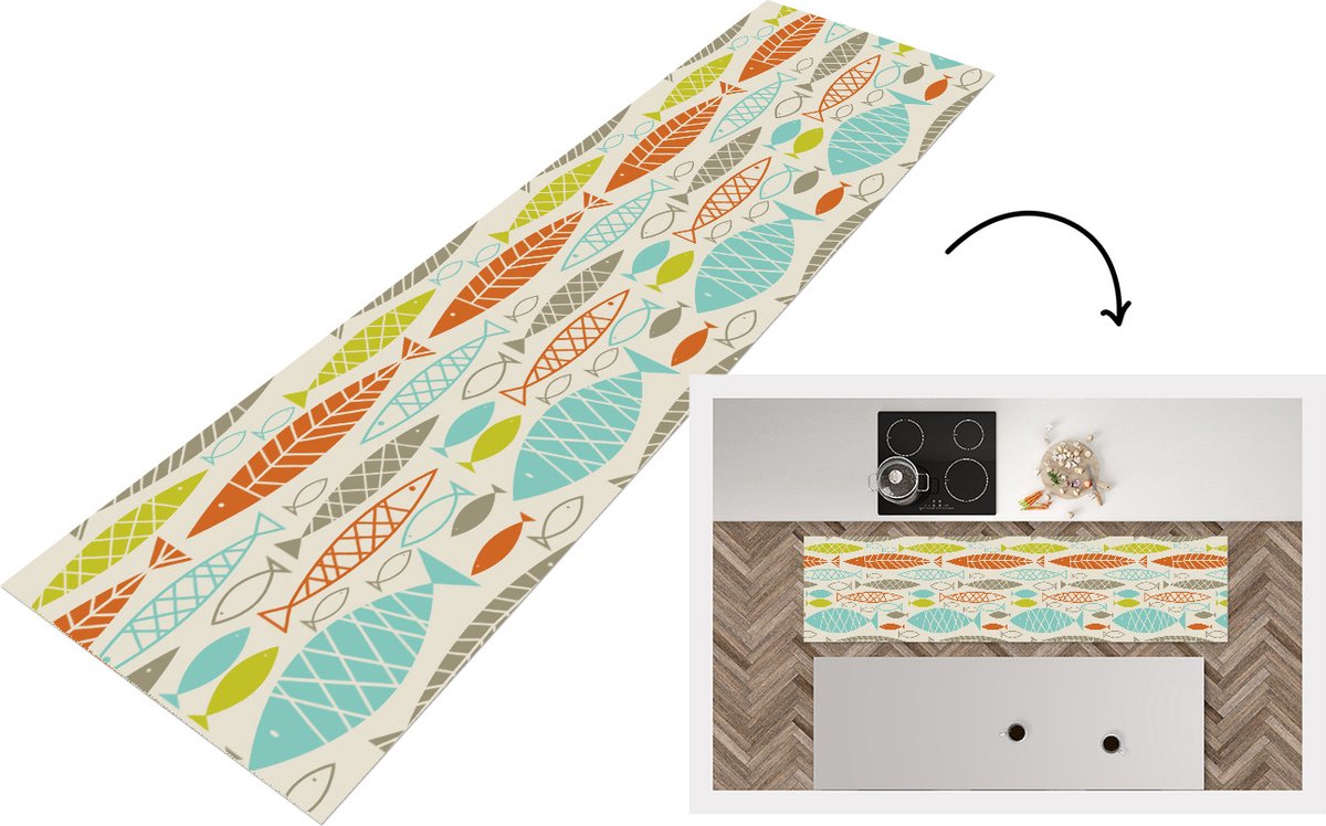 KitchenYeah Keukenloper - Loper keuken - Vis - Jaren 50 - Patroon - 240x60 cm - Keukenloper vinyl Multicolor