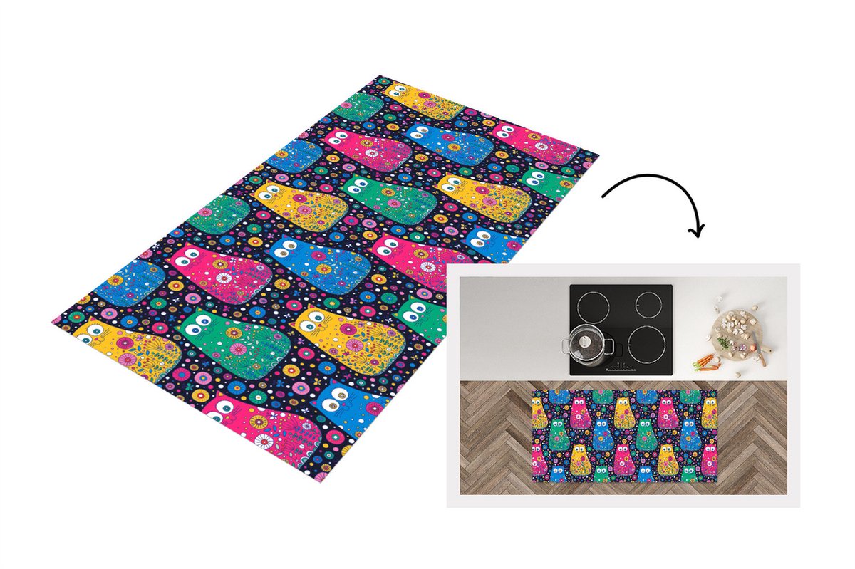 KitchenYeah Keukenloper - Loper keuken - Kat - Regenboog - Bloemen - 120x60 cm - Keukenloper vinyl Multicolor