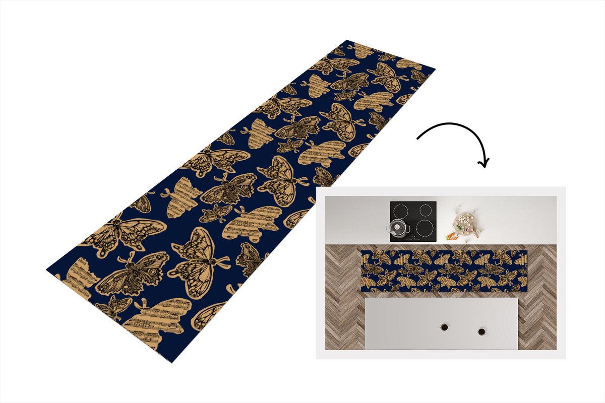 KitchenYeah Keukenloper - Loper keuken - Patroon - Muziek - Vlinders - 200x50 cm - Keukenloper vinyl Multicolor