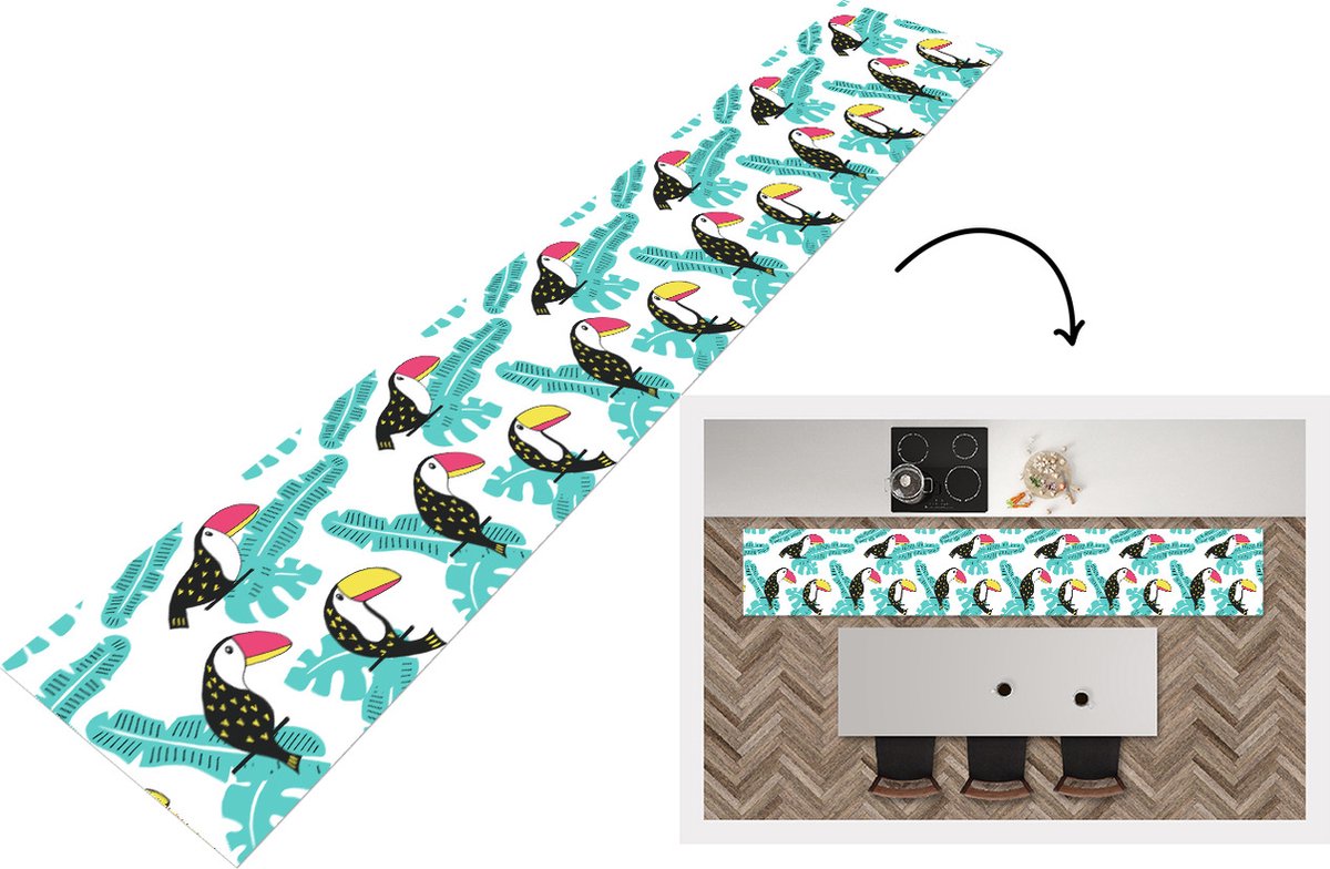 KitchenYeah Keukenloper - Loper keuken - Patroon - Jungle - Toekan - 300x50 cm - Keukenloper vinyl Multicolor