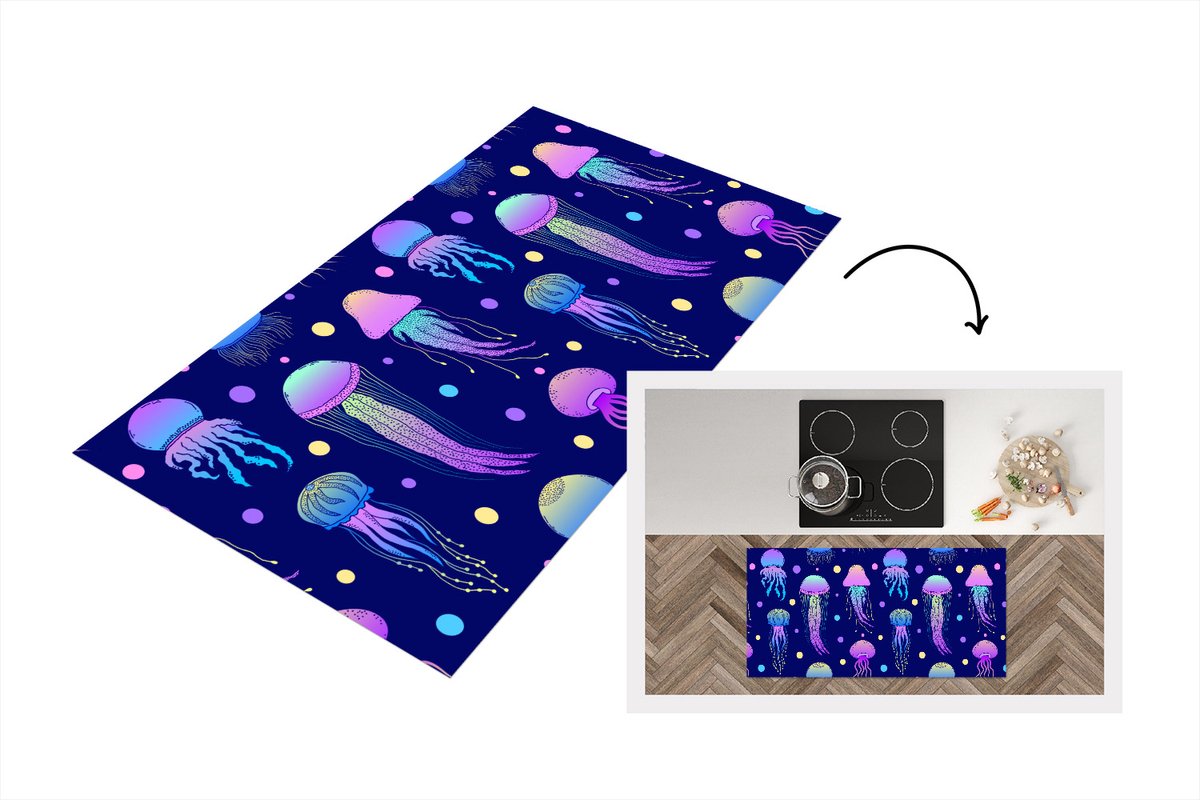 KitchenYeah Keukenloper - Loper keuken - Kwallen - Patronen - Zeedieren - Neon - 120x60 cm - Keukenloper vinyl Multicolor