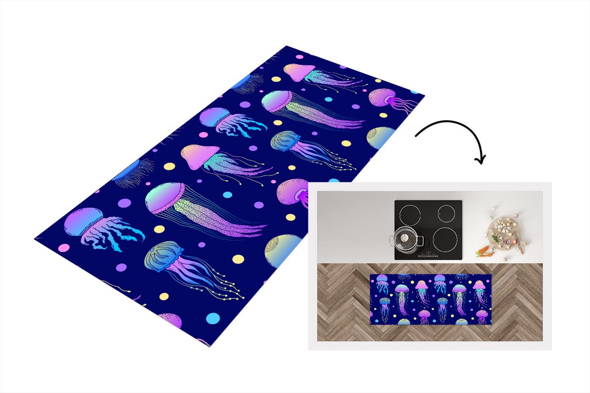 KitchenYeah Keukenloper - Loper keuken - Kwallen - Patronen - Zeedieren - Neon - 120x50 cm - Keukenloper vinyl Multicolor