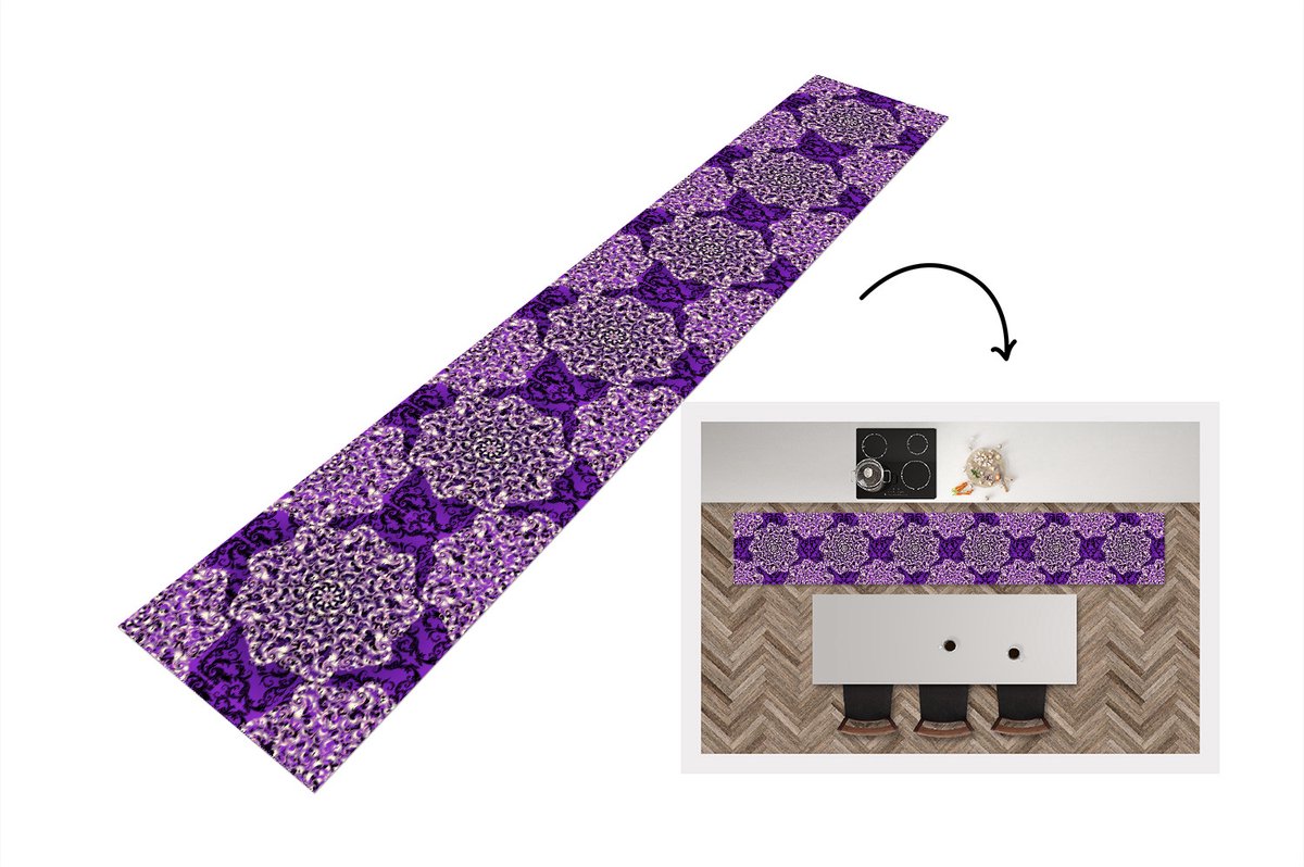 KitchenYeah Keukenloper - Loper keuken - Roos - Paars - Patronen - Barok - 300x50 cm - Keukenloper vinyl Multicolor