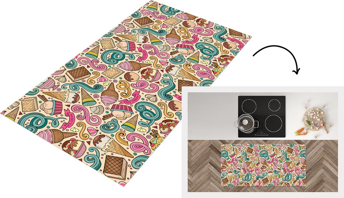 KitchenYeah Keukenloper - Loper keuken - Patroon - Wafel - IJs - 120x60 cm - Keukenloper vinyl Multicolor
